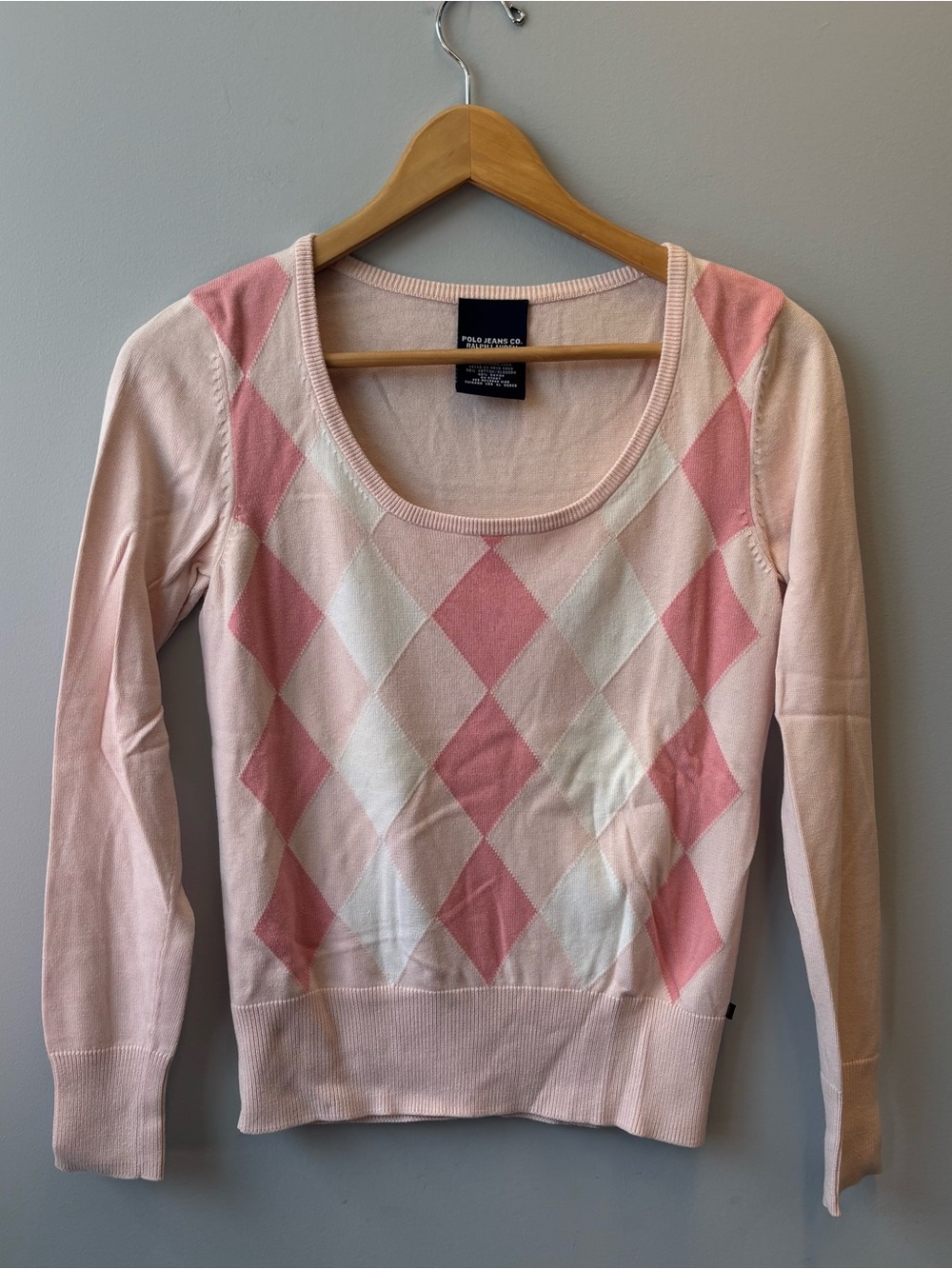 Polo Jean Co. Ralph Lauren Pink & White Argyle Scoop Neck Sweater Fitted